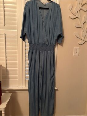 Venus Smocked-Waist Blue Wrap Jumpsuit